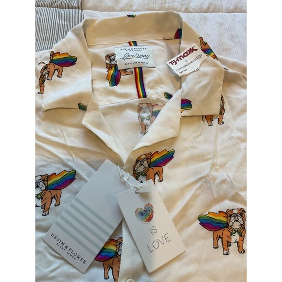 Denim & Flower Bulldog Rainbow Button-Up Shirt Size XL Viscose White - Picture 5 of 9